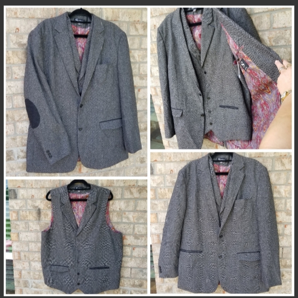 Stacy Adams 2Piece Suit Jacket & Vest waistcoat(Men XL 46R)BlackGray Harringbone